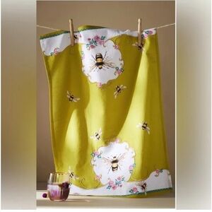 Anthropologie Lou Rota Queen Bee Dish Towel Green Yellow Embroidered Gold NWT